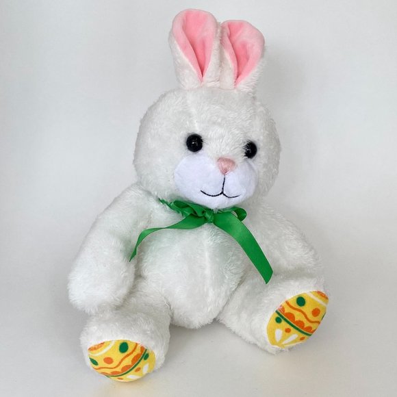 Hallmark Bunny Plush White 11" Sitting Rabbit Easter Egg Feet & Green Bow - Picture 1 of 6